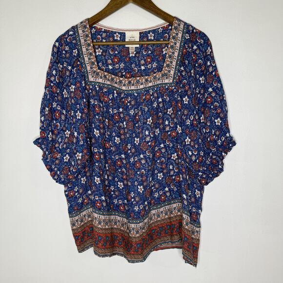 Knox Rose Shirt Womens XL Blue Boho Floral Square Neck Border Print Peasant - Picture 1 of 8